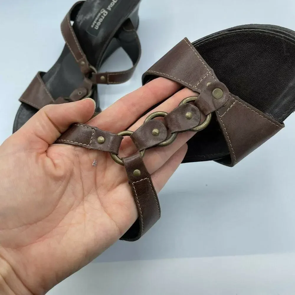 Paul Green Brown Open Toe Wedge Heel Leather 6.5 Y2K